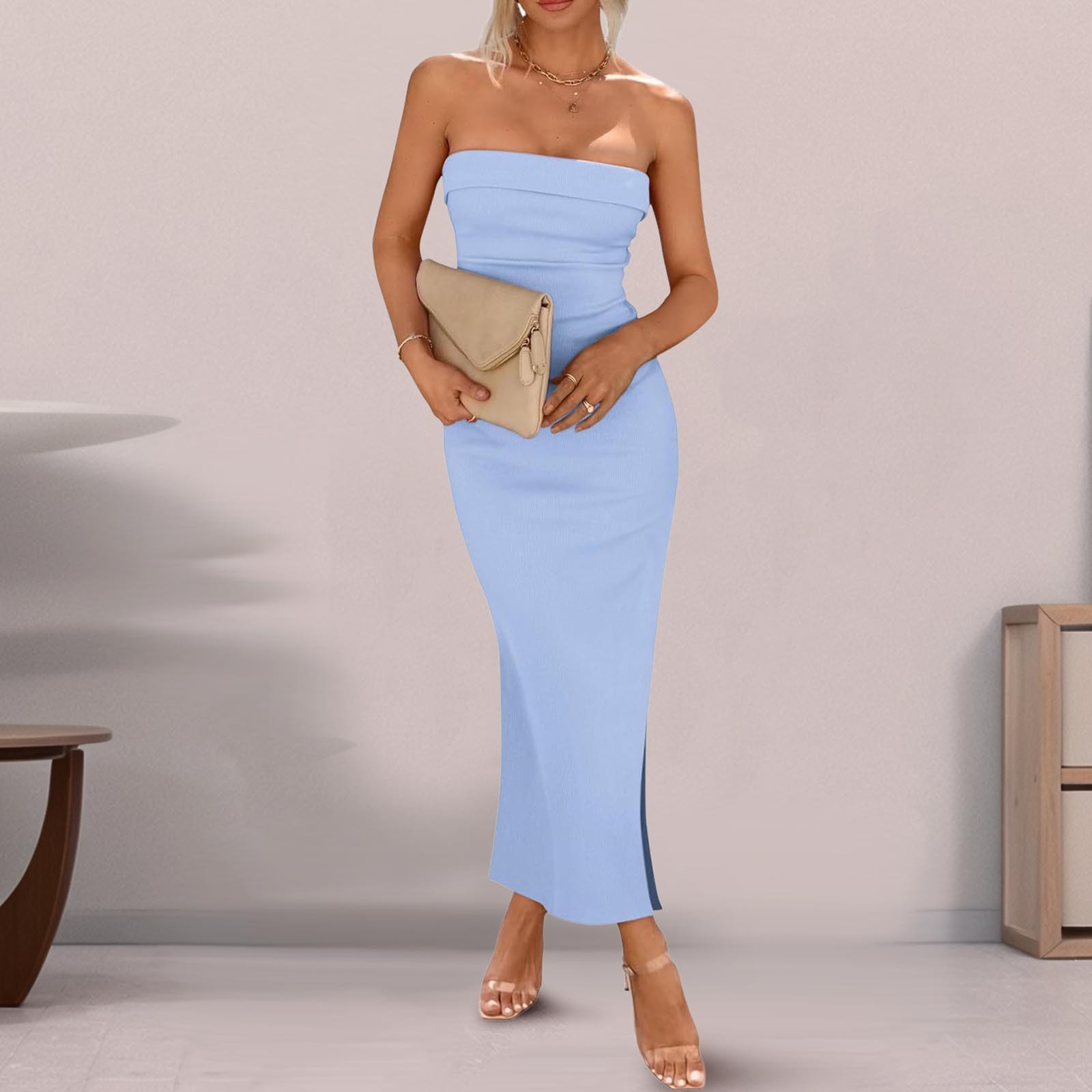 thumbnail image 2 of Vestido largo sin tirantes para mujer: elegante vestido de cóctel con abertura lateral, tejido de poliéster, vestido para invitada de boda, tallas S-XXL, contorno de pecho 73-99 cm., 2 of 6